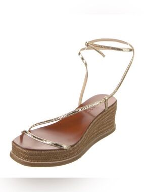 Jimmy Choo Gold Metallic Espadrille Wedge Sandal with Ankle Tie